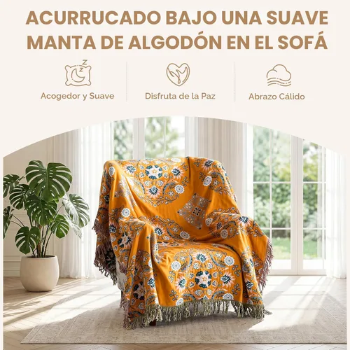 Miniatura 4 de Cobija para cama de estilo bohemio, 100 % algodón, ultra suave, edredón rústico, cobija de otoño, estampado floral, cobija grande rústica para sofá