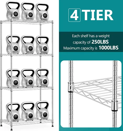 Miniatura 3 de IZEUK Estantes de almacenamiento de metal cromado de 4 niveles, organizador de estantería de alambre ajustable para cocina, baño, hogar, 1000 Cromo