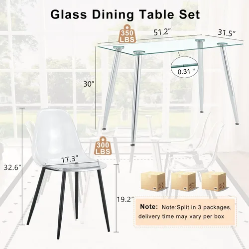 Miniatura 2 de Juego de mesa de comedor de vidrio Ebullient para 4, mesa de 51" de vidrio templado transparente con patas de metal negro y 4 sillas de acrílico