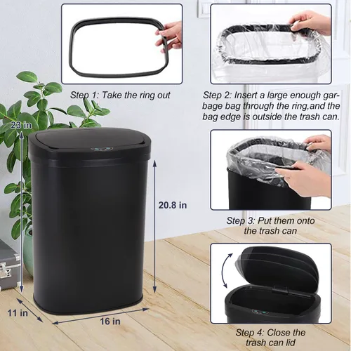 Miniatura 6 de Basurero de acero inoxidable automático sin tacto, con tapa para cocina, sala de estar, oficina, baño, sensor de movimiento electrónico sin contacto