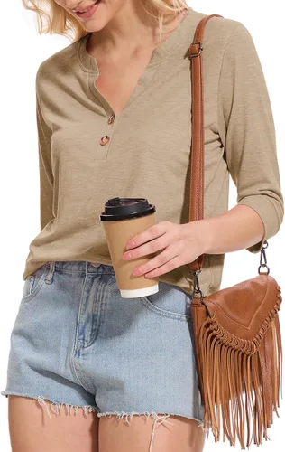 Miniatura 3 de Dimur Camisetas de manga 3/4 con cuello en V y botones para mujer, traje casual de negocios, camiseta básica de verano 2025