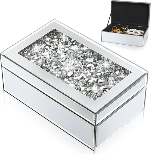 Kenning Caja Organizadora de Joyas de Lujo con Espejo de Vidrio Triturado en Plata para Mujeres, Caja Organizadora de Anillos de Lujo