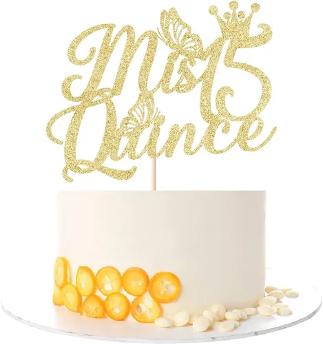 Miniatura 5 de Kaoenla Mis membrillo 15 para tartas dorado con purpurina para cumpleaños 15, saludos a los 15 años, quinceañera, decoraciones de feliz cumpleaños
