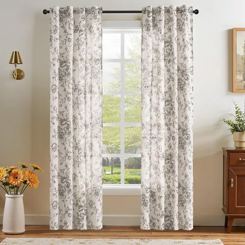 Miniatura 92 de Jinchan Cortinas de Mezcla de Lino con Estampado Floral para Sala de Estar, 84 Pulgadas de Largo, Cortinas con Bolsillo para Varilla y Tab Trasera