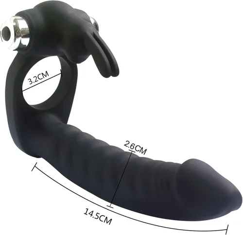 Miniatura 5 de Doble penetración vibratoria doble consolador con anillo de polla penetrador para hombres, parejas, enchufe anal, enchufe sexual de silicona, Negro
