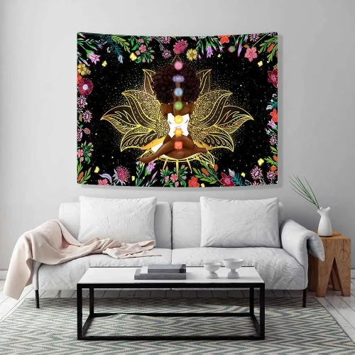 Miniatura 5 de Ine Ive Tapiz de chakra africano, mujer afroamericana, tapices de meditación zen, 40 x 30 pulgadas, cielo estrellado, flores, jardín, inspirador
