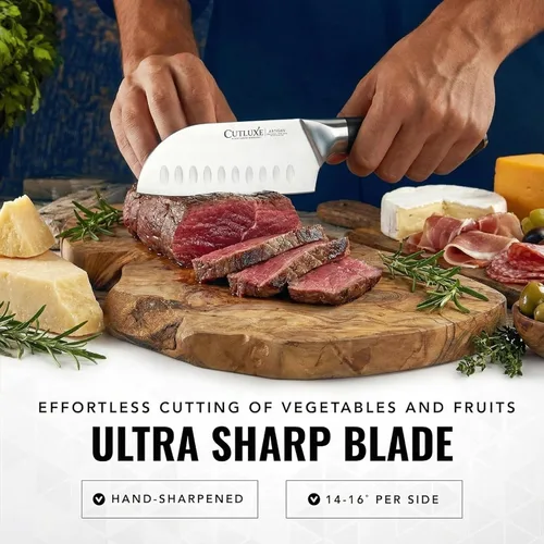 Miniatura 3 de Cutluxe Santoku – Cuchillo de 5" de cocina, cuchillo para carne y verduras – Acero alemán forjado de alto carbono – Espiga completa y afilado como