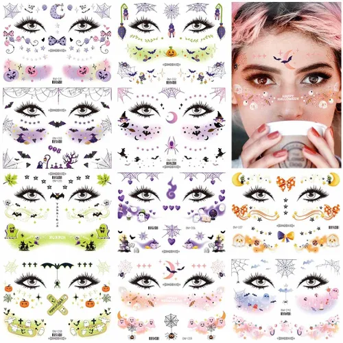 Uranian Tatuajes temporales de Halloween, tatuajes de maquillaje de pecas, telaraña, murciélago, fantasma, calcomanías de maquillaje de cara,