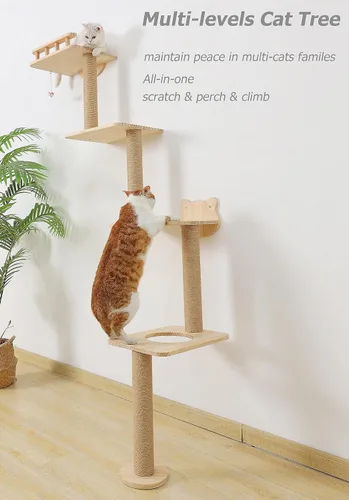 Miniatura 3 de Árbol para gatos montado en la pared con estantes de 4 niveles, torre de esquina de madera de 73 pulgadas con poste rascador interior para gatitos