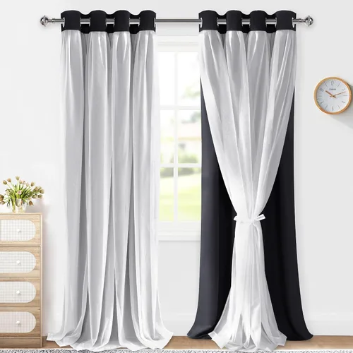 Miniatura 11 de XWZO Cortinas 100% opacas de doble capa para guardería, cortinas opacas con superposición transparente para dormitorio de niñas, cortinas