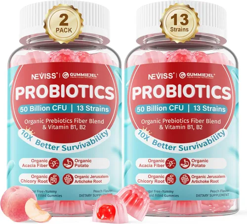 Gomitas probióticas + prebióticas para adultos y niños mayores de 4 años, probióticos masticables sin azúcar, 50 mil millones de UFC con fibra,