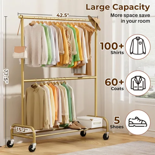 Miniatura 4 de MISSLO Perchero resistente para ropa con ruedas, para colgar ropa, para abrigo, vestuario, dorado (doble barra)