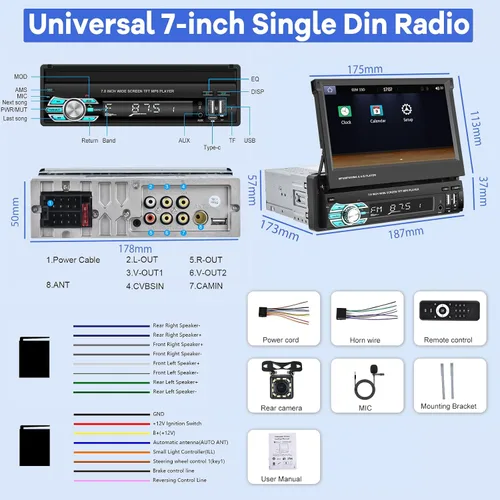 Miniatura 6 de Estéreo de coche con pantalla abatible Single Din con Carplay inalámbrico y Android Auto, pantalla táctil de 7 pulgadas, 1 Din, compatible
