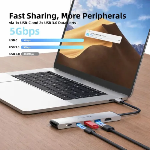 Miniatura 3 de Hub USB C, WALNEW 7 en 1, estación de acoplamiento USB-C con HDMI 4K, 100 W PD, 3 puertos de datos de 5 Gbps (1 USBC y 2 USB 3.0), lector de Plateado