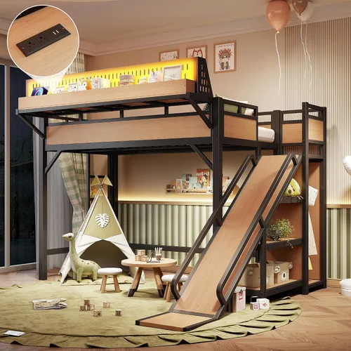 Miniatura 10 de Cama tipo loft de tamaño matrimonial con escaleras de almacenamiento integradas, armario, marco de cama alta de metal con barandilla lateral