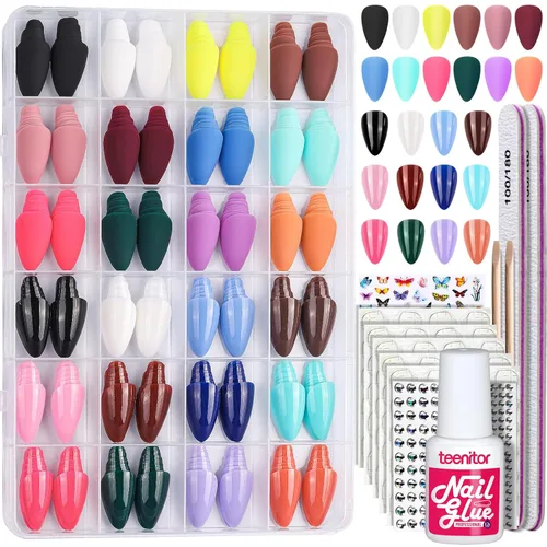 Miniatura 11 de Teenitor 24 paquetes de uñas postizas cortas a presión, 576 piezas de uñas postizas redondas a presión, uñas postizas cortas mate y brillantes