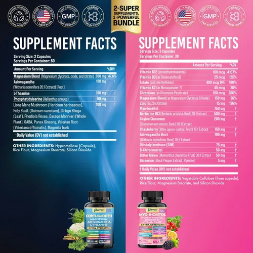Miniatura 3 de Paquete de Suplementos Parox Cortisol y Myo-Inositol, Paquete de Calma y Suavidad, Equilibrio de Cortisol 13-en-1, Magnesio, Ashwagandha, L-Teanina