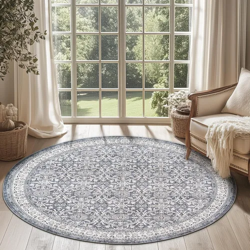 Miniatura 23 de Jinchan Fiora - Alfombra redonda de 8 pies, alfombras vintage con diseño floral envejecido, lavable a máquina, antideslizante, de pelo bajo, Azul