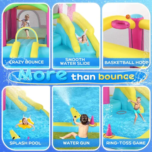 Miniatura 4 de JOYMOR Casa inflable de rebote con tobogán acuático doble para niños de 3 a 10 años, cañones de agua para piscina con salpicaduras