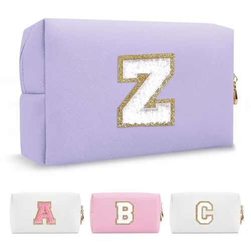 Miniatura 134 de Pequeña bolsa de maquillaje personalizada con inicial A-Z Preppy Patch, bolsa de cosméticos de viaje de felpilla blanca con cremallera, bonita bolsa