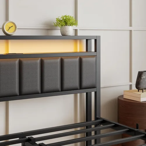 Miniatura 4 de HOJINLINERO Base de cama Queen con luces LED de cabecero, marco de cama tapizado negro tamaño Queen con estación de almacenamiento y carga,