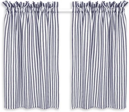 Miniatura 5 de Cortinas de café a rayas azul marino y blanco, 28 pulgadas de ancho x 24 pulgadas de largo, algodón tejido, juego de 2