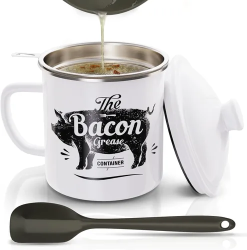 Miniatura 14 de PGYARD Mini Recipiente para Grasa de Tocino con Colador - Ahorrador de Grasa Esmaltado de 15 OZ, Guardador de Grasa de Tocino Estilo Granja