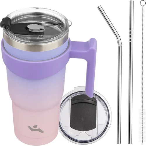 Miniatura 32 de Konokyo - Vaso de 10 onzas con asa y 2 popotes, 2 tapas, botella de agua aislada de acero inoxidable, taza de viaje reutilizable, color verde militar