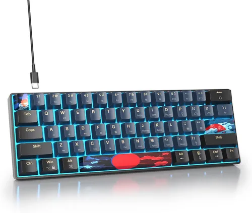 Miniatura 13 de Teclado mecánico portátil 60 % para juegos, teclado de oficina mini compacto con retroiluminación LED azul hielo de 61 teclas con cable, interruptor