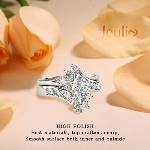 Miniatura 5 de Jeulia - Juego de anillos de boda con corte de marquesa de plata de ley, anillos de compromiso con circonia cúbica y diamante blanco solitario