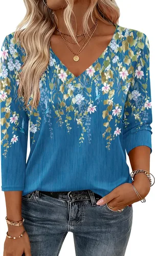 Miniatura 25 de Zeagoo Camisetas de manga 3/4 para mujer, cuello en V, blusa casual elegante, camisetas básicas 2026, ropa de moda S-2XL