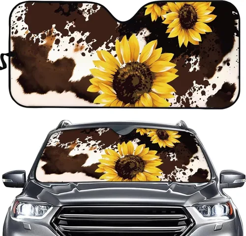 Miniatura 21 de HUGS IDEA Parasol plegable para parabrisas de automóvil, diseño de flores, bohemio, para la mayoría de los sedán, SUV, camión, parabrisas delantero