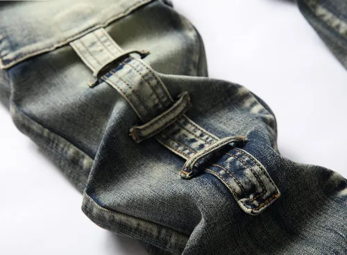Miniatura 5 de XIMXIMMTIAN Jeans de mezclilla para hombre estilo motociclista, lavados, desgastados, ajustados y rectos