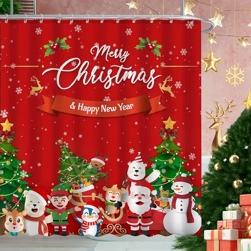 Miniatura 8 de JWXCBIM - Cortina de ducha de Navidad Feliz Navidad y Feliz Año Nuevo, decoración para el hogar de Papá Noel y muñeco de nieve, cortina de baño