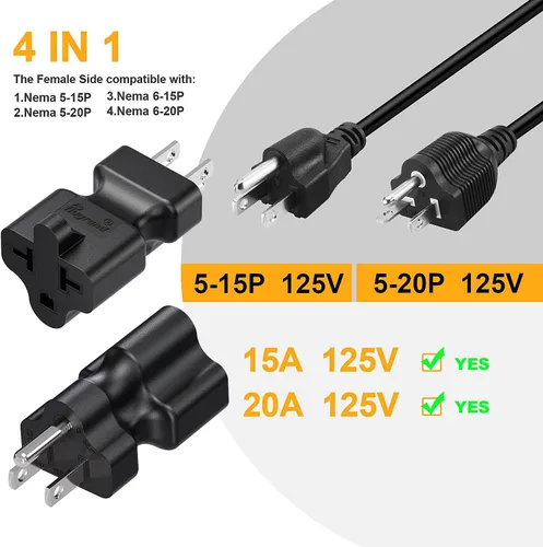Miniatura 5 de [4 en 1] Enchufe de CA doméstico de 15 amperios a adaptador de hoja T de 20 amperios, 5-15P a 5-15R/5-20R /6-15R / 6-20R, adaptador de corriente