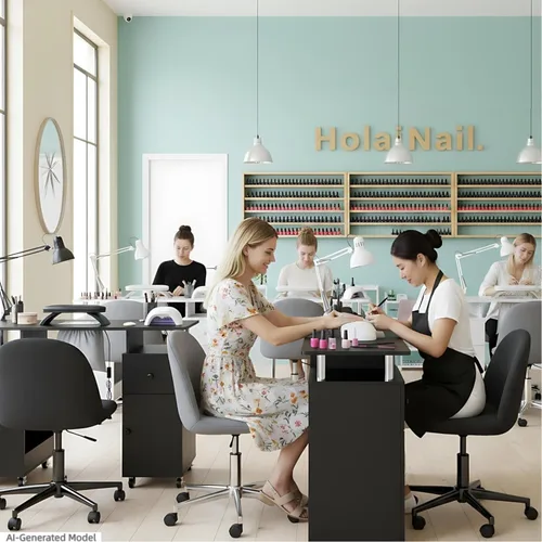Miniatura 2 de Mesa de manicura HolaiNail, mesa para uñas con recolector de polvo, apoyabrazos, ruedas, cajón y gabinete, estación para salón de belleza, negra
