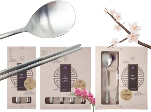 Miniatura 3 de [1 Set] [Hecho en Corea] Juego de palillos de cuchara de arroz pegajosa de estilo coreano con diseño de orquídea, juego de cubiertos de acero