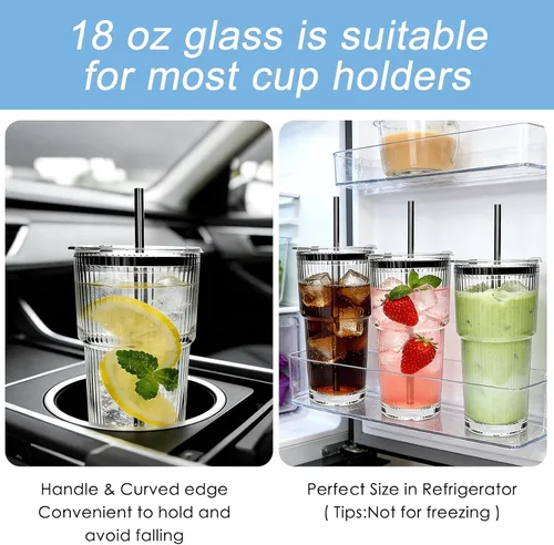 Miniatura 4 de Accguan Vaso de vidrio acanalado de 18 onzas con popote y tapa, taza de vidrio, tazas de café reutilizables con tapas, vasos de vidrio con tapas