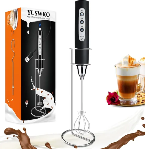 Miniatura 26 de YUSWKO - Espumador de leche recargable de mano con 3 cabezas, mezclador de bebidas con 3 velocidades ajustables para latte, cappuccino, chocolate