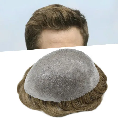 Miniatura 56 de Tupé de piel ultra fina para hombres pieza de cabello humano real sistema de reemplazo 0.002 in Mens Toupee Hairpiece para hombres V-Loop 8x10 80%
