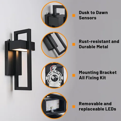 Miniatura 5 de AKEZON Luces LED de pared para exteriores del anochecer al amanecer, 1000LM 3000K moderno aplique exterior integrado, accesorio LED reemplazable