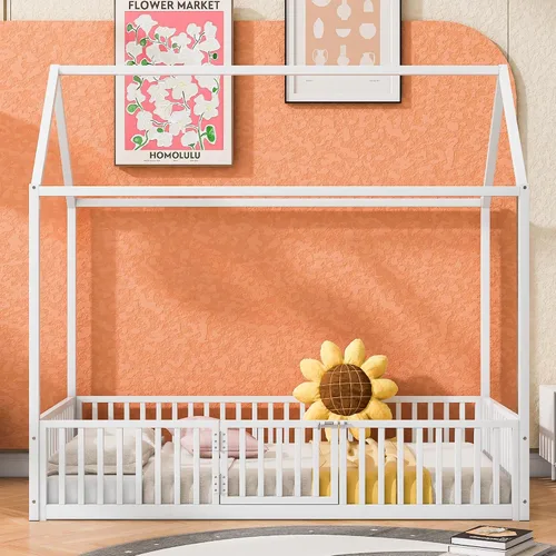 Miniatura 17 de Cama de metal de tamaño matrimonial con valla para niños, adolescentes, niñas, niños, cama de piso de casa, camas Montessori, se puede decorar marco