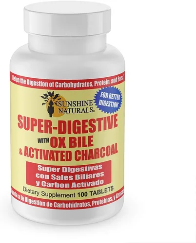 Sunshine Naturals Suplemento súper digestivo. Bilies de buey y carbón activado para apoyo digestivo, alivio de la hinchazón, limpieza intestinal,