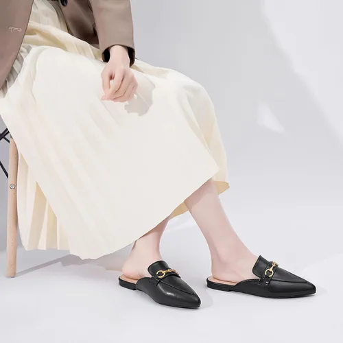 Miniatura 5 de Mules con hebilla para mujer, puntera puntiaguda, sin espalda, planas, deslizantes, zapatos tipo mocasín