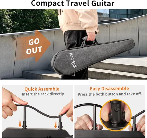 Miniatura 3 de Mini guitarra eléctrica de viaje, pequeña guitarra ligera sin cabeza para práctica, cuerpo sólido compacto portátil fácil de montar con soportes