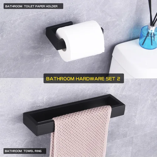 Miniatura 2 de GERZWY Juego de 2 accesorios de baño SUS 304 acero inoxidable soporte de papel higiénico toalla anillo montaje en pared, negro mate HG1708-2BK