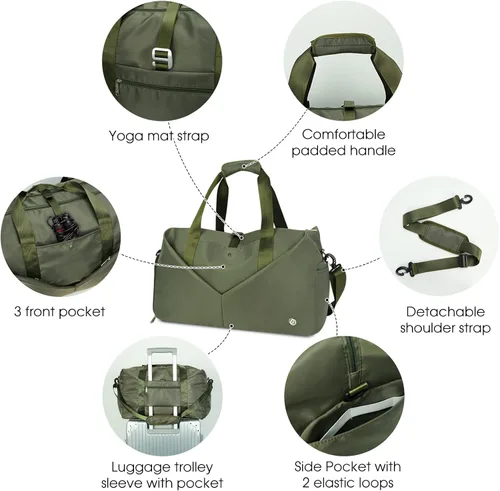 Miniatura 6 de Ceneda Bolsa de lona de gimnasio de 20 pulgadas con bolsillo húmedo para zapatos, portátil, bolsa de fin de semana, bolsa de viaje, bolsa de yoga