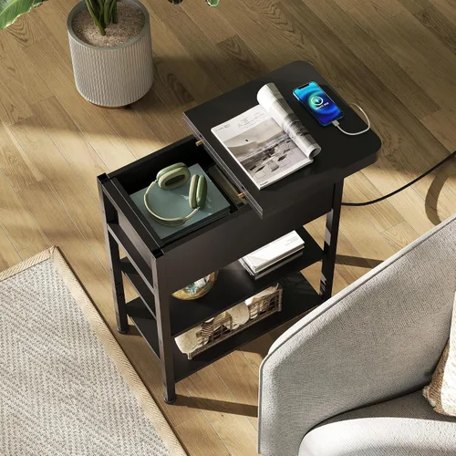 Miniatura 2 de WLIVE Mesa auxiliar con estación de carga, mesa auxiliar estrecha con estante de almacenamiento, mesita de noche pequeña con puertos USB y tomas