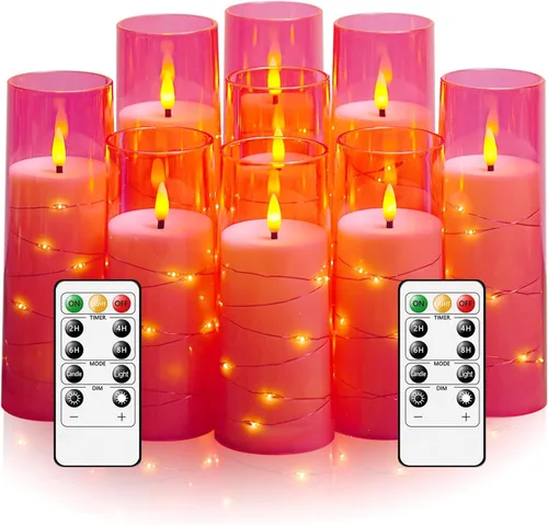kakoya Velas LED sin llama con temporizador, 9 velas parpadeantes sin llama para ambiente romántico y decoración del hogar, carcasa acrílica
