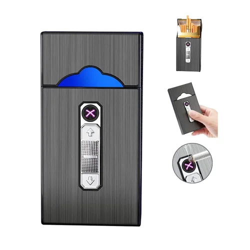 Miniatura 8 de Caja de cigarrillos de aluminio con encendedor eléctrico, encendedor USB recargable, regalo para mujeres, hombres, padre, madre (negro)